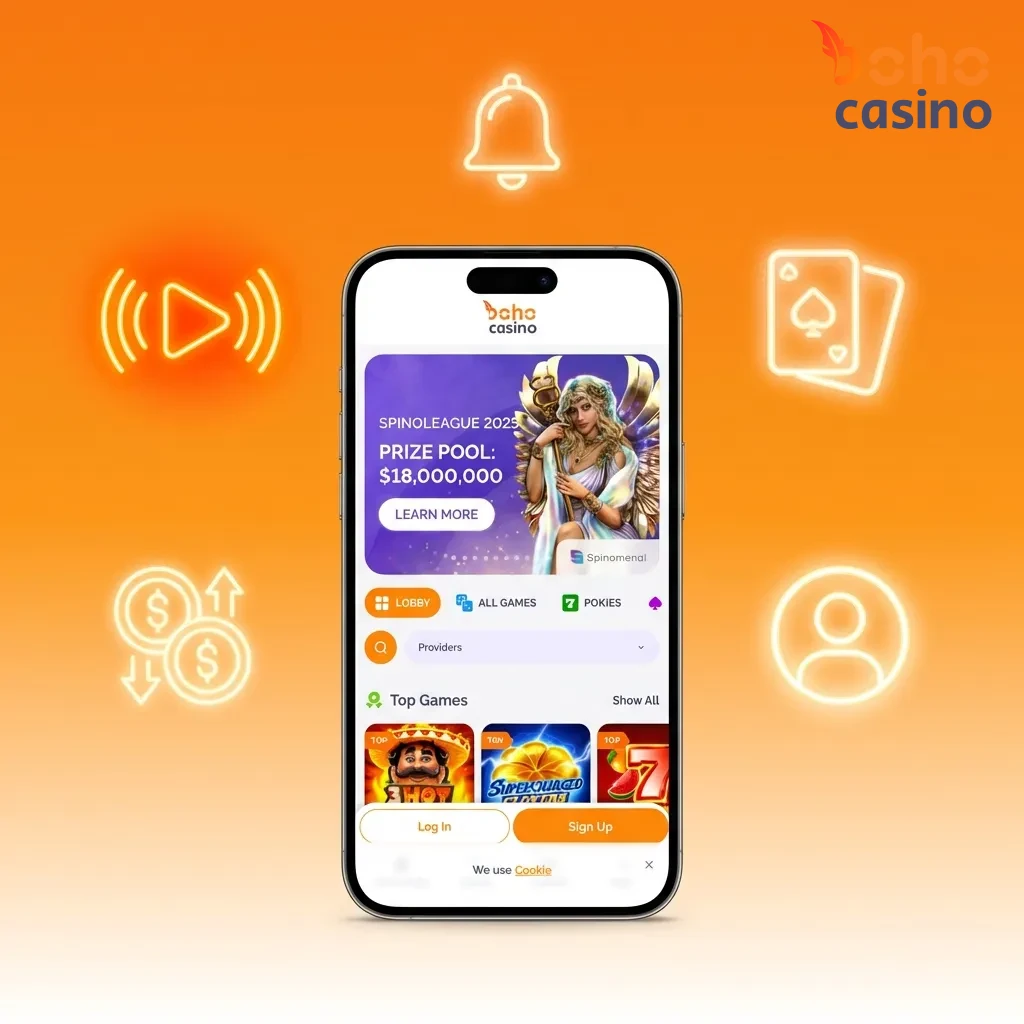Boho Casino mobile app interface showing game library, payment options, and features for Australian players