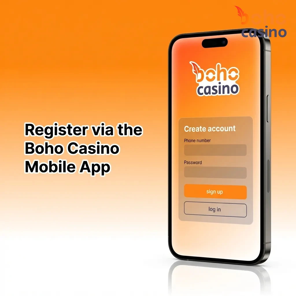 Boho Casino mobile app registration screen showing sign-up button and multiple registration method options