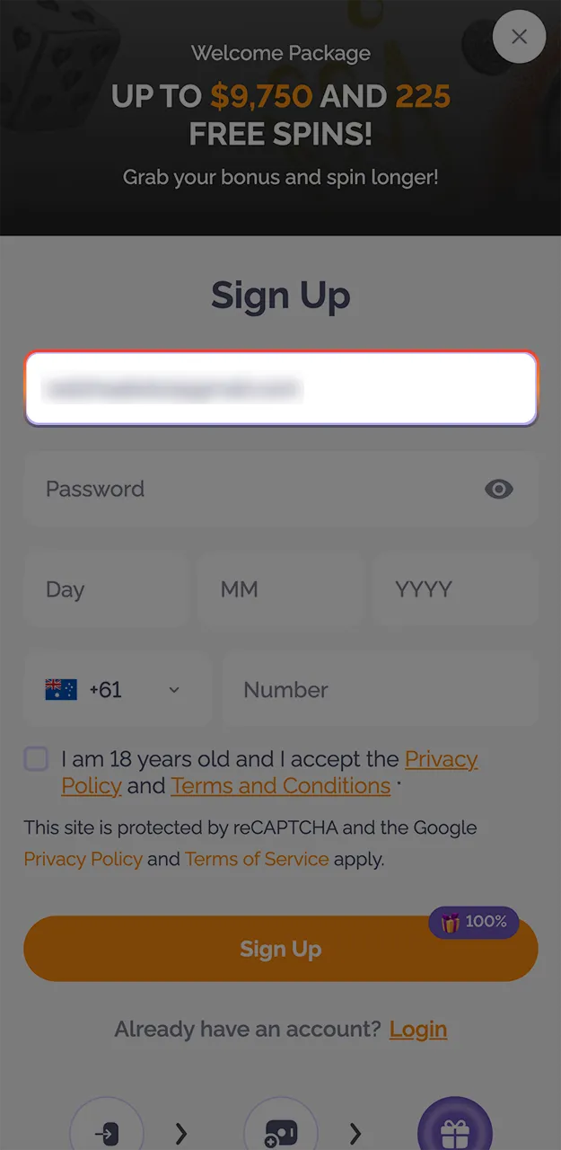 Please enter your email address in the registration form on the Boho Casino website.