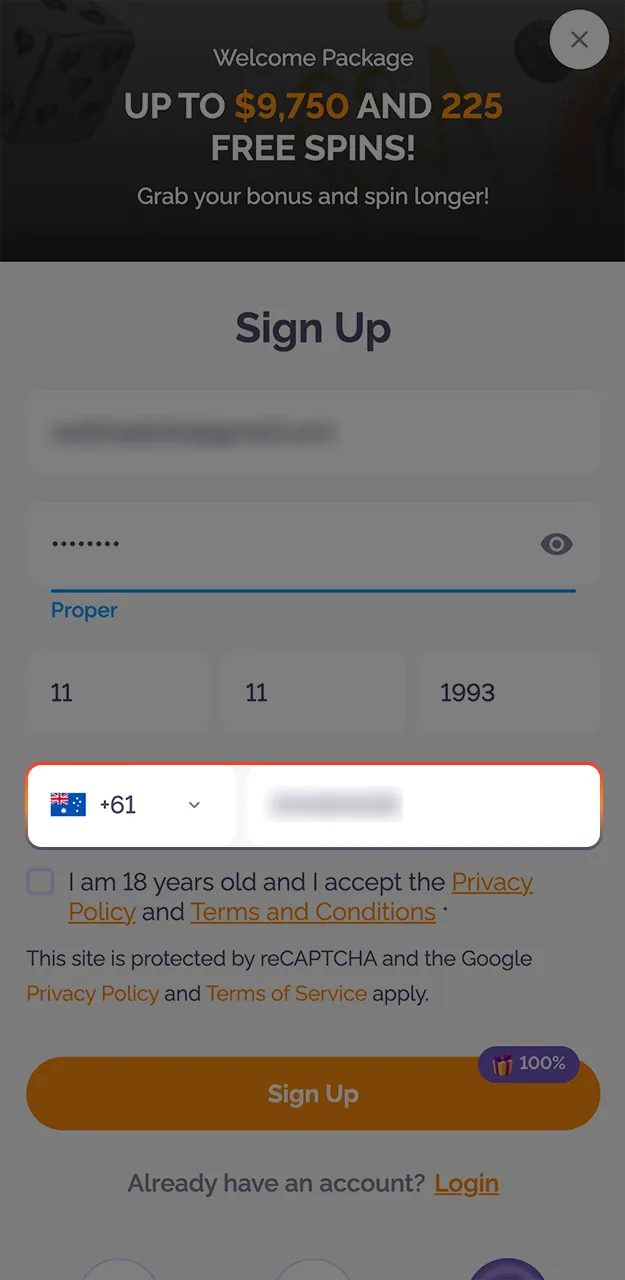 Please enter your phone number and wait for the verification code required to register on the Boho Casino website.