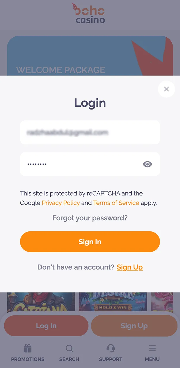 Log in to the Boho Casino website and explore the features of your account.